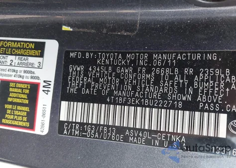 2011 Toyota Camry Le from USA, damaged, VIN 4T1BF3EK1BU222718